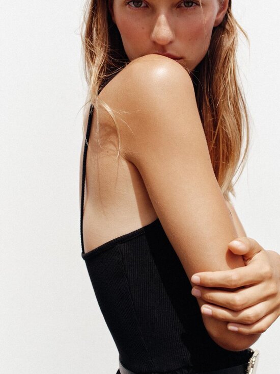 Zara Black Belted Midi Dress Large V-Neck Spaghetti Strap Organic Cotton NWT - Picture 4 of 10